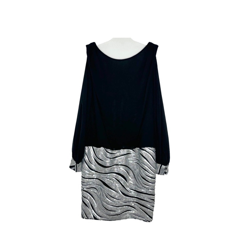Cache Black Cold Shoulder Sequin Mini Dress Silver Wavy Pattern Party Cocktail‎